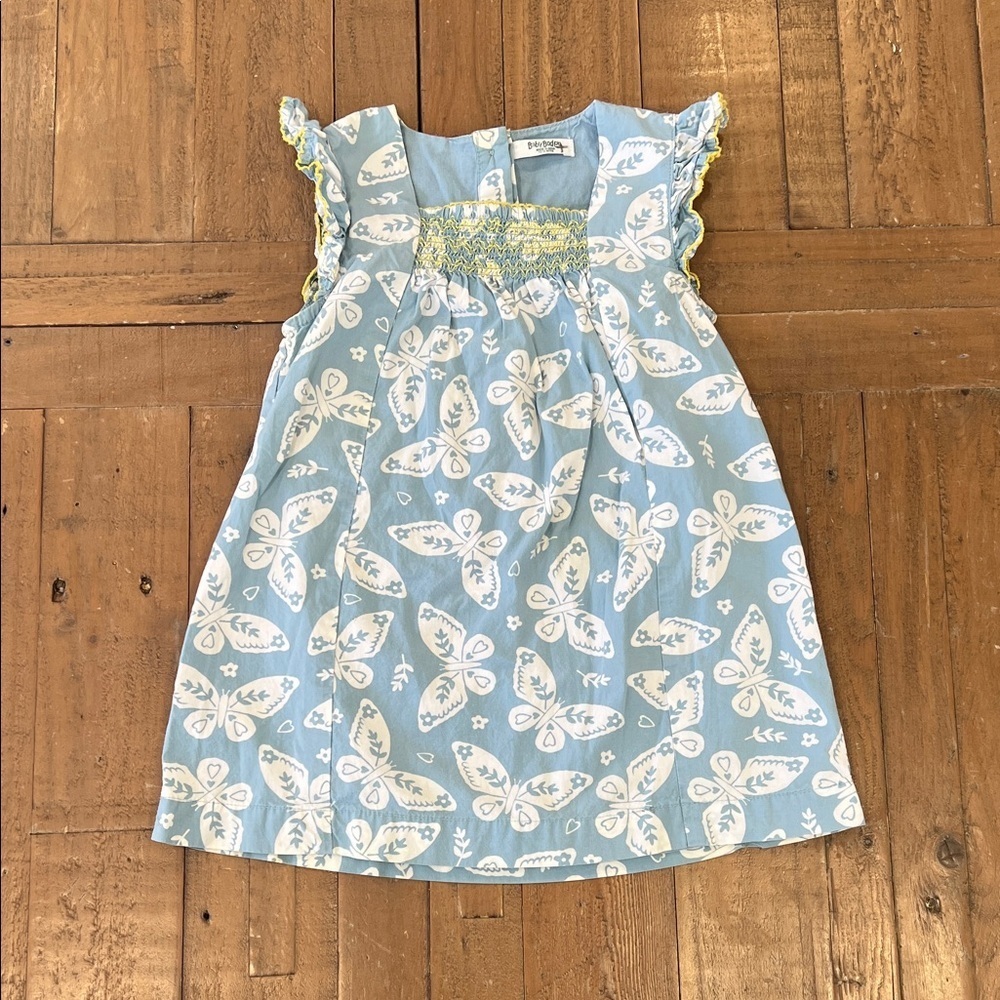 Baby Boden Light Blue and White butterfly smocked Ruffle dress 12-18 months